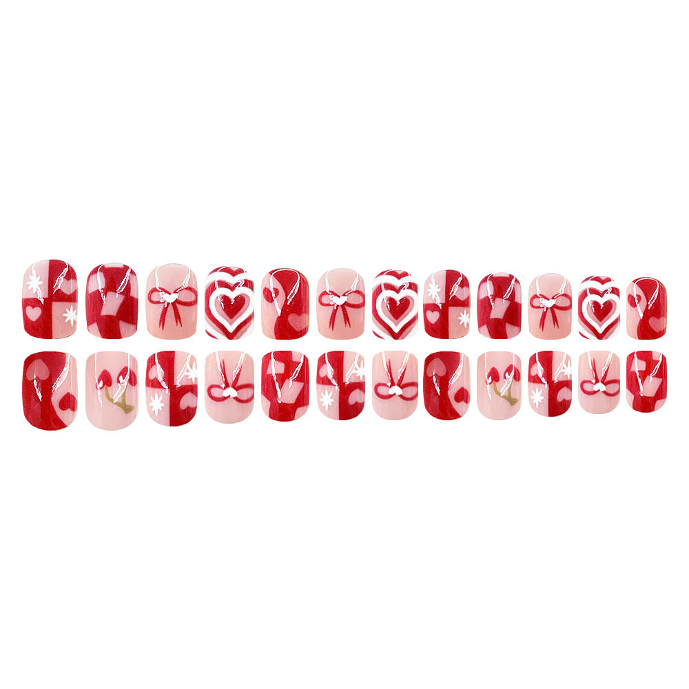 24 Pieces of Short Square Nails, Red and Pink Girly Multi-Layered Heart Bows, Heart Cherry Wearable Nails, Export Nail Art Pieces
