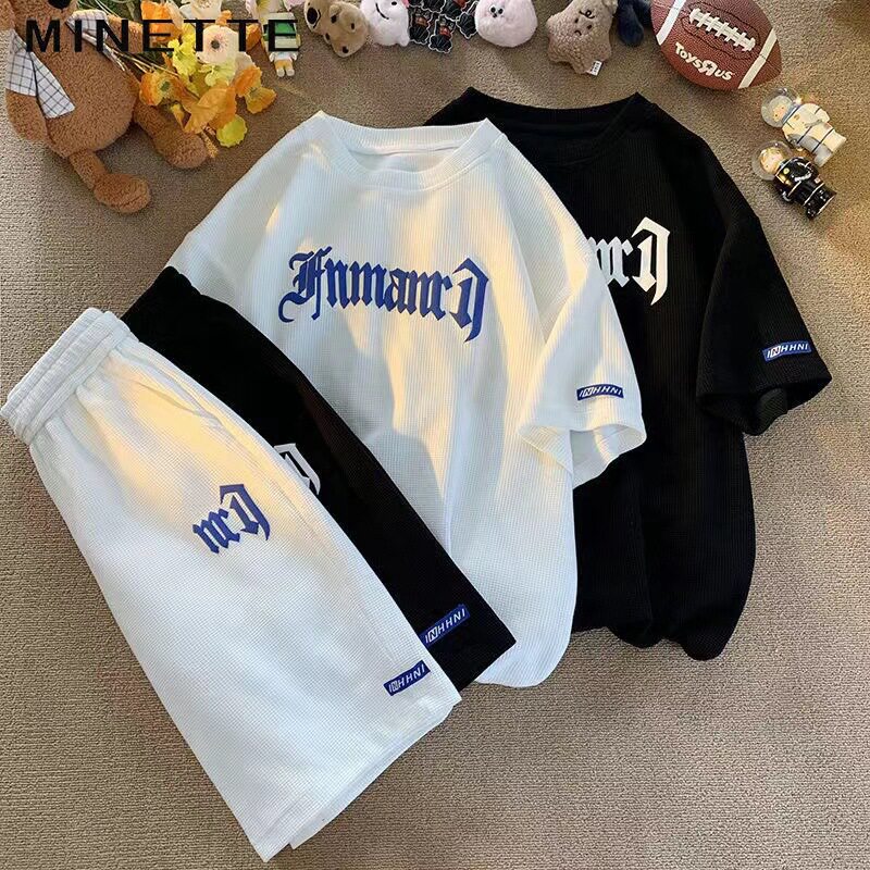 跨境华夫格休闲套装男夏季冰丝短袖t恤男装一套搭配运动衣服批发