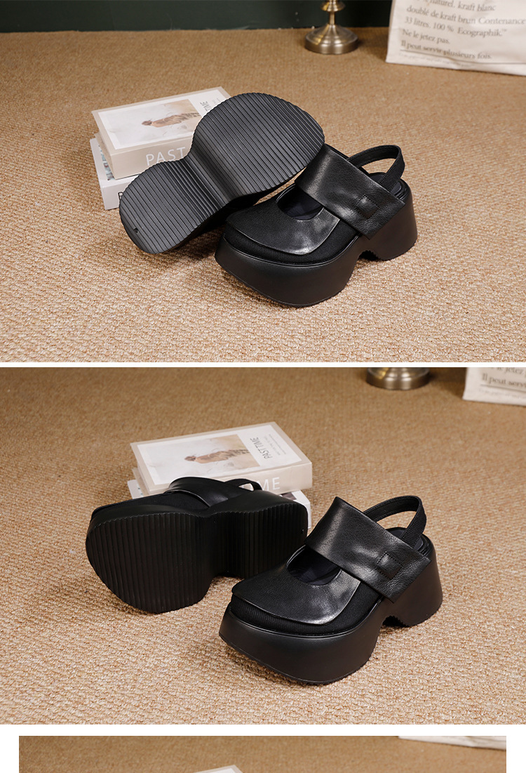 Sandal nữ quai ngang đế dày da bò thật mũi tròn — màu đen