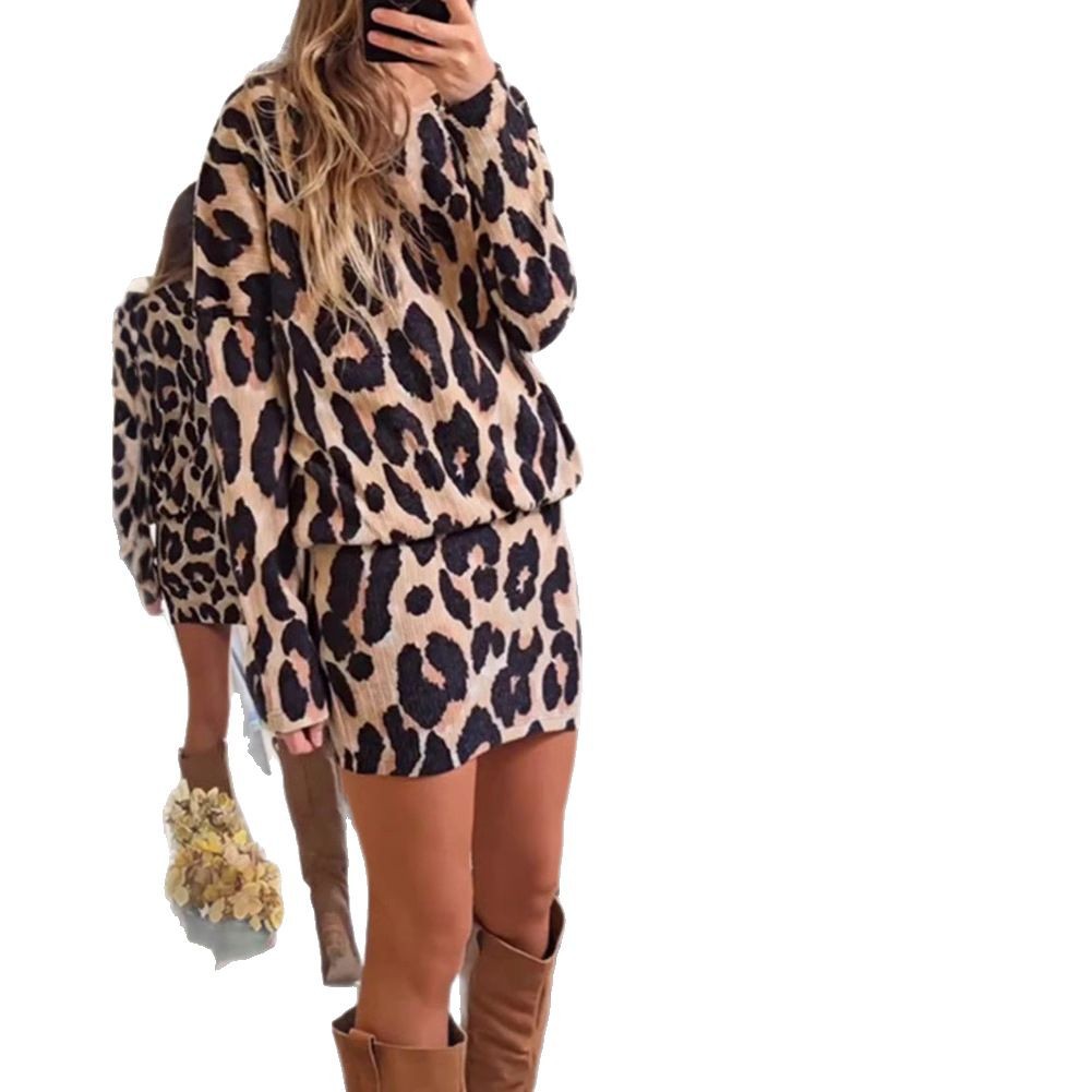 Summer Womens Fashion Leopard Print Long Sleeve Dress Set Stylish Versatile Comfortable Perfect for Casual Outings