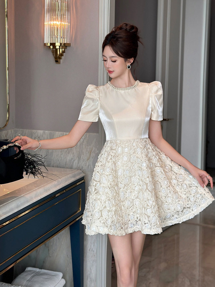 Đầm suông nữ midi tay ngắn cổ tròn chất liệu polyester phong cách phương Tây — [Màu hồng đào]