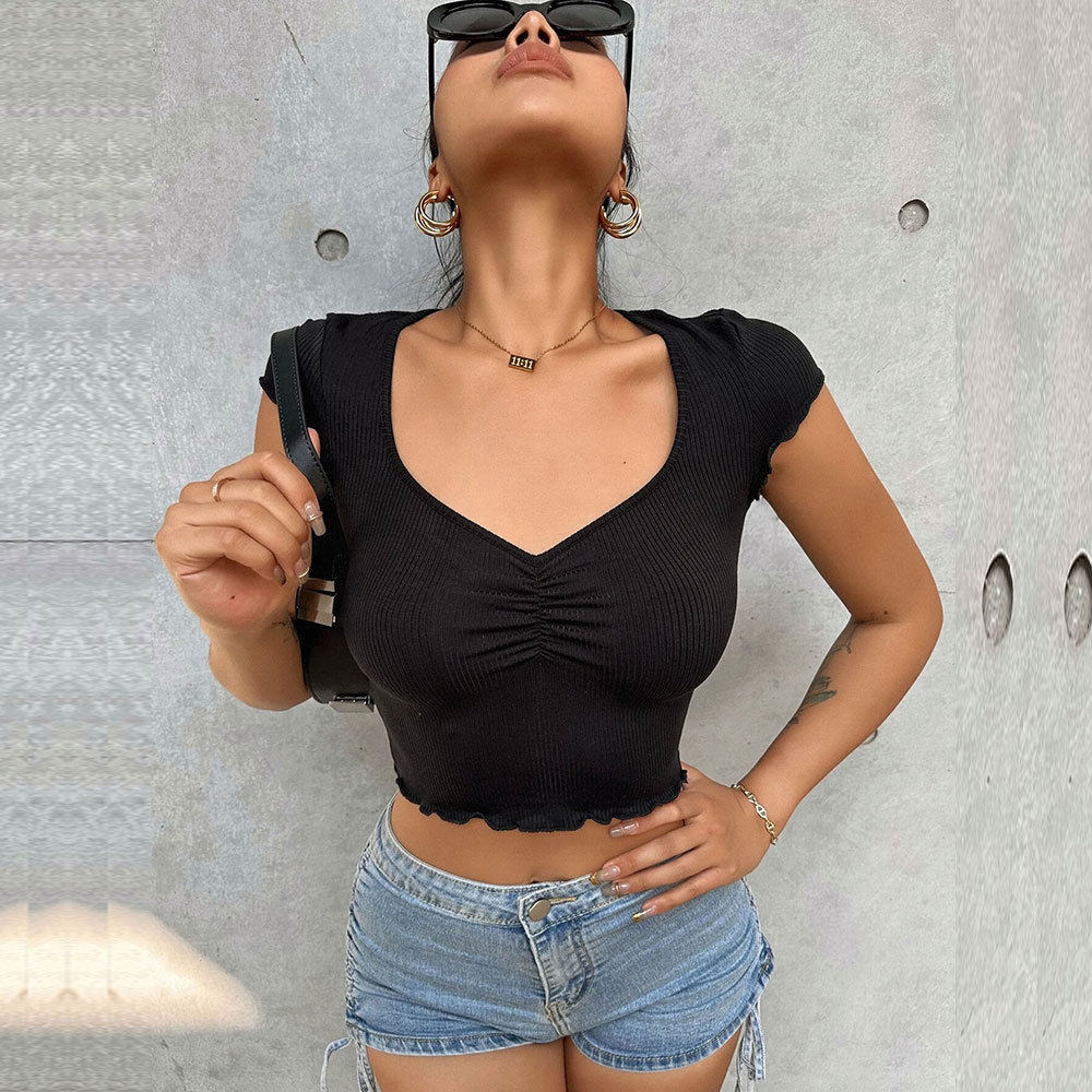 V Neck Ruched Slim Fit T Shirt Stretchy Cropped Solid Color Short Sleeve Summer Casual Wear Wholesale Available
