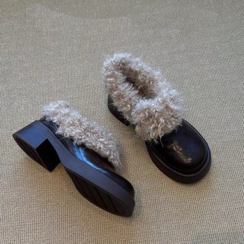 Sheepskin Version ~ Small Thick-Soled British Genuine Leather Cotton Shoes for Women, Simple Velvet Warm Wide-Footed Furry Shoes