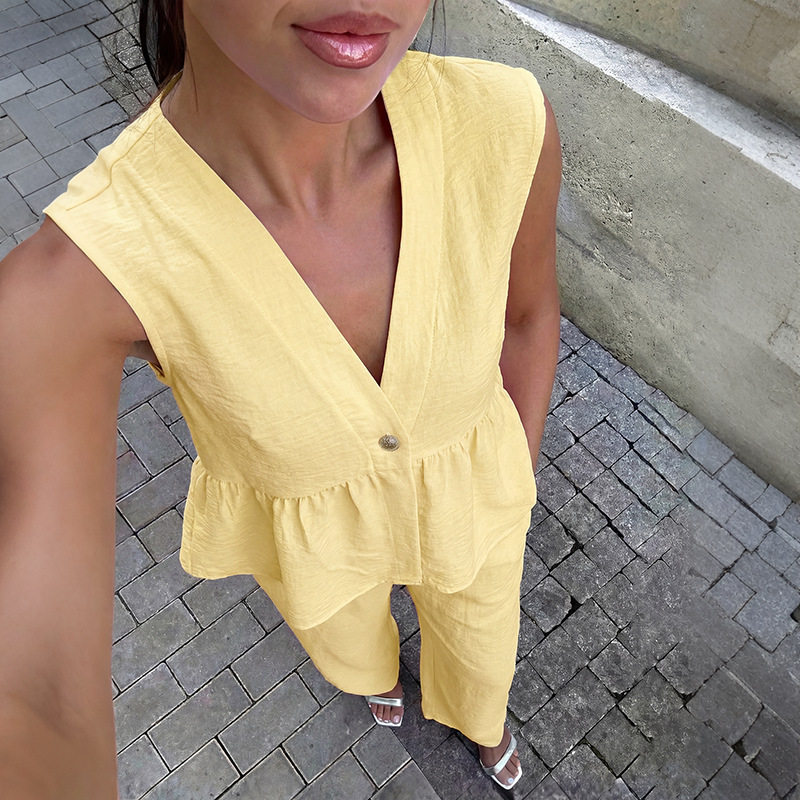 Sleeveless V Neck Vest and Pants Set Sweet Commuter Style Lightweight Linen Blend Wholesale Available