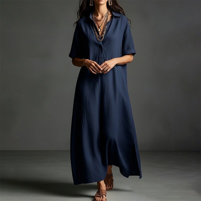 Womens Short Sleeve Polo Neck Long Dress Solid Color Casual Style Beach Vacation Wholesale Available