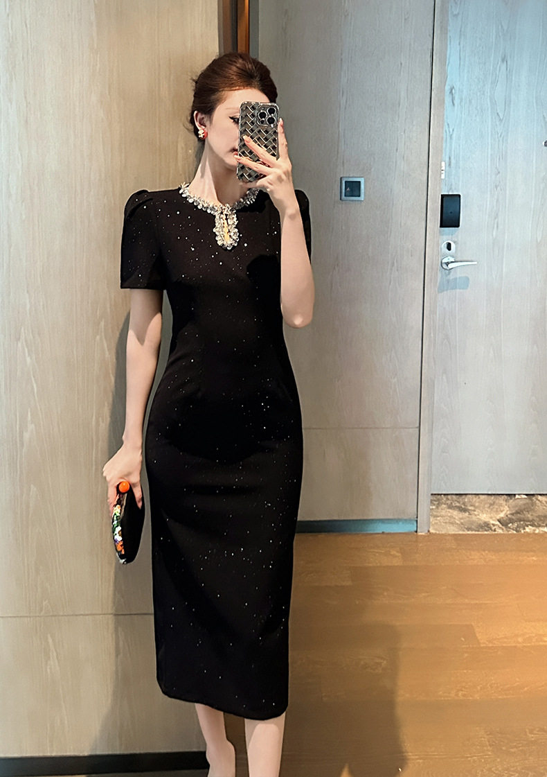 Đầm ôm body nữ cổ tròn tay ngắn, phong cách tiểu thư sang trọng, đính sequin lấp lánh, dáng dài ôm eo — [Đen] chi tiết 1
