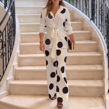 2025 New Cross-Border Women's Fashion Printed Elegant Waist-Cinching Top Suit Shirt with Wide-Leg Pants Two-Piece Set