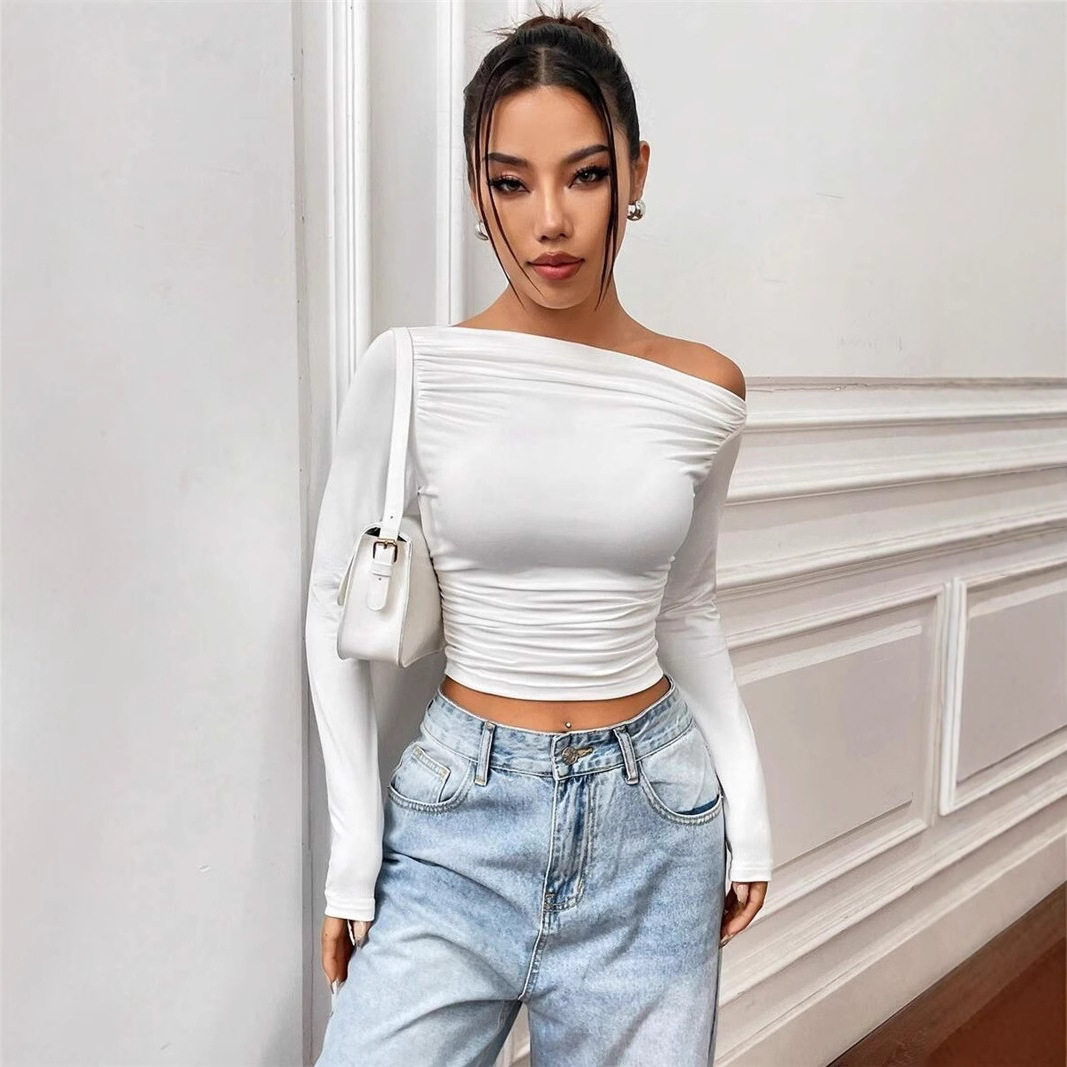 Slim Fit Asymmetrical Long Sleeve Womens T Shirt Versatile Design Pleated Detail Spring Summer Style Wholesale