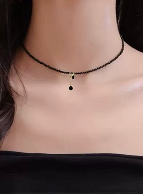 冷淡风低调黑色水晶锆石流苏串珠项链女小众复古时尚颈链锁骨链