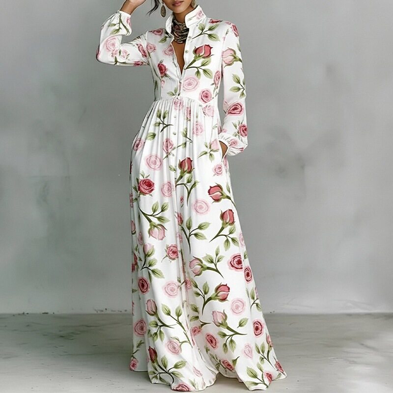 French Style Elegant Casual Loose Printed Maxi Dress Lightweight Fabric Floral Design Perfect for Spring Summer
