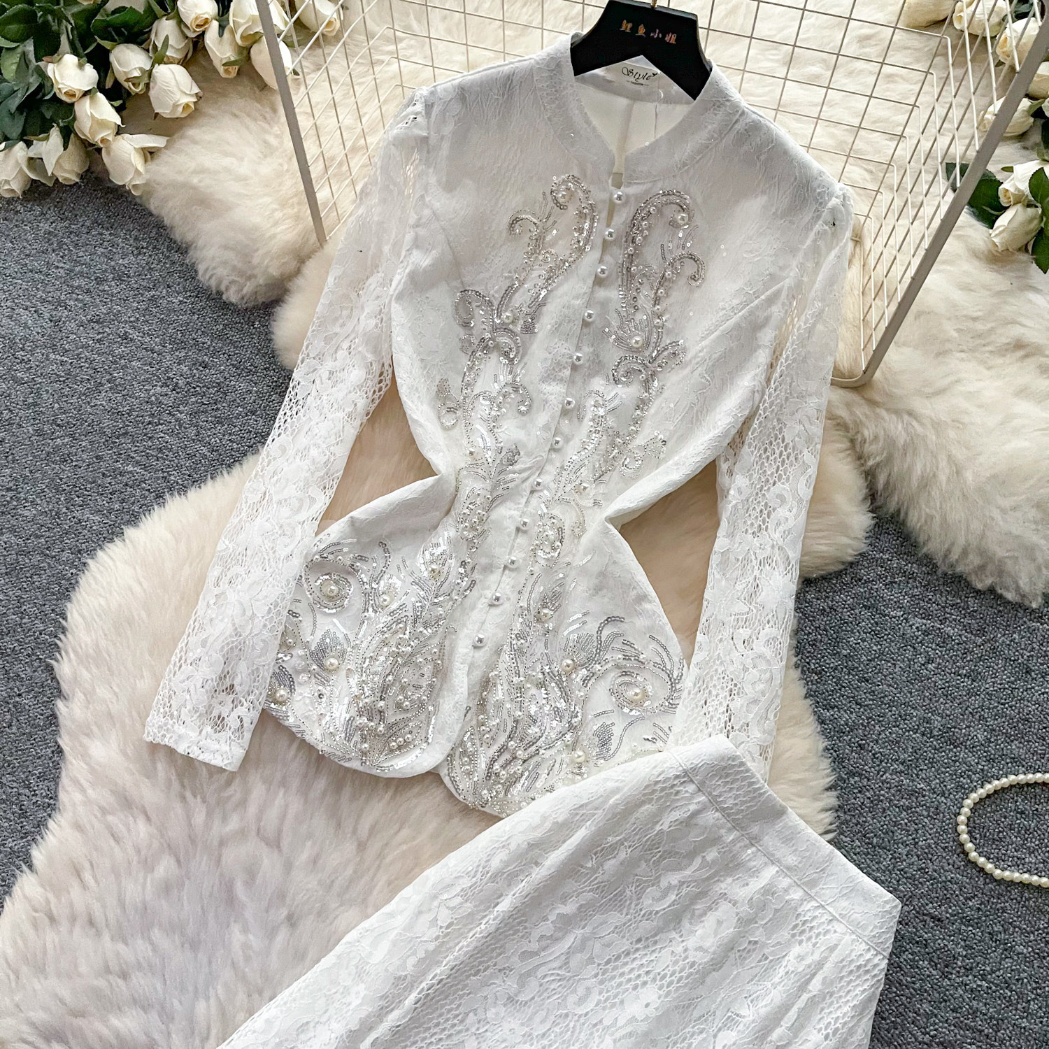 French Elegant Two Piece Set Beaded V Neck Lace Detail Hollow Out Design Spring Autumn Fashion Wholesale Available