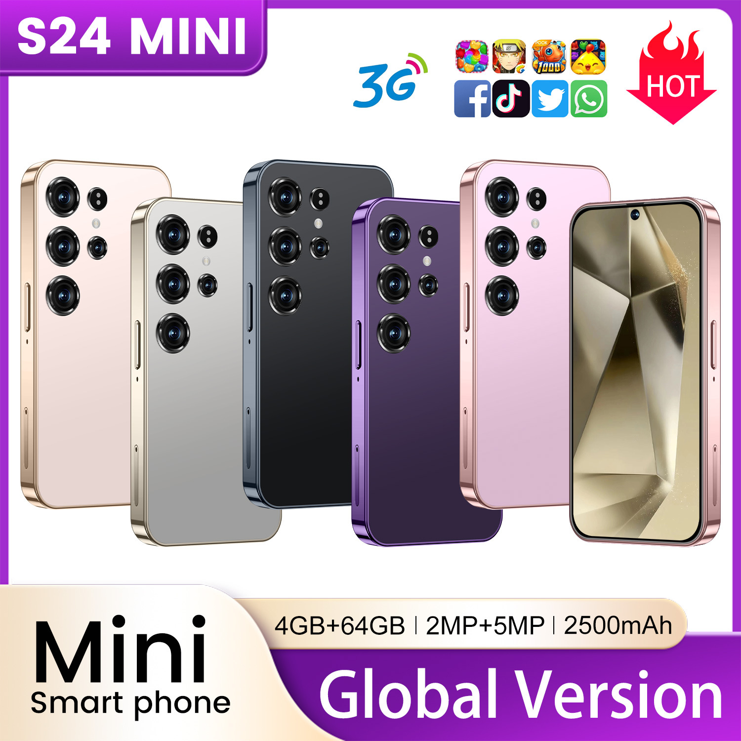 爆款跨境手机S24 Mini便携小手机4.0寸穿孔屏4+64GB外贸智能手机