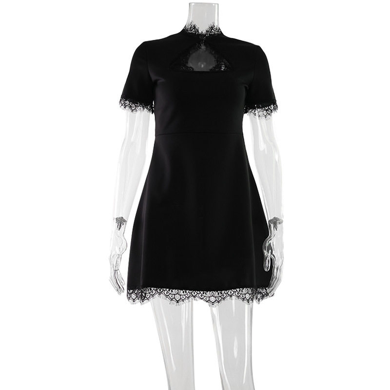Lace Trim Short Sleeve A Line Dress Solid Color Hollow Out Bust Waist Cinching Casual Summer Wear Wholesale