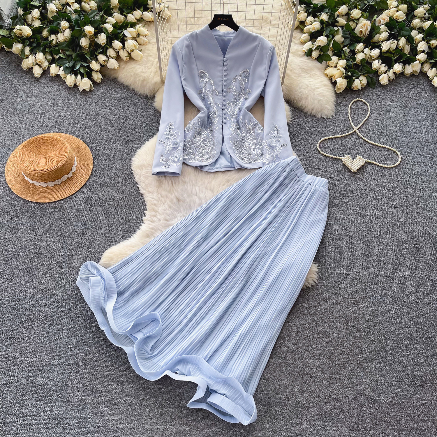 French Style V Neck Embroidered Jacket with High Waisted Pleated Skirt Elegant Lightweight Two Piece Set for Spring and