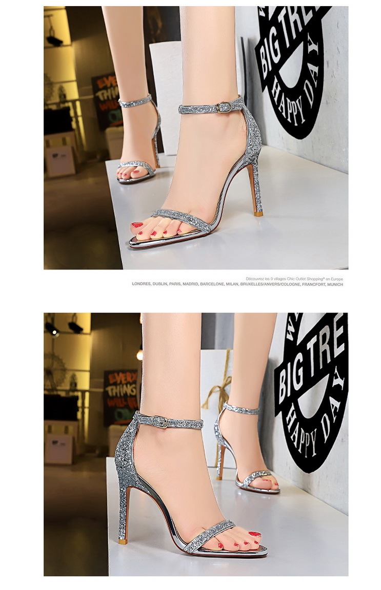 Sandal cao gót nữ quai ngang đính sequin lấp lánh gót mảnh hở mũi — Màu bạc, Màu đen, Màu Sâm panh