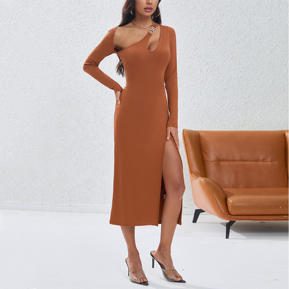 Womens Irregular Hollow Out Bodycon Dress Solid Color Asymmetrical Shoulder Fashionable Elegant Style Perfect for