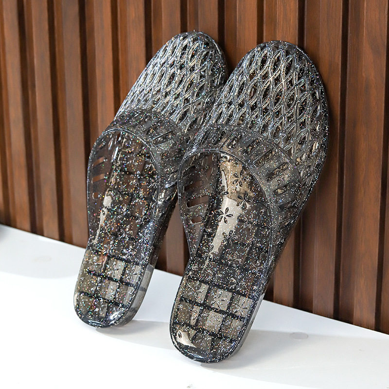 Flat Crystal Baotou Half Slippers Women's Transparent Jelly Plastic Hollow Non-slip Bath Indoor and Outdoor Summer Day