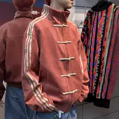 Blue and White Color Block Striped Stand Collar Jacket Men Autumn Suede New Chinese Style Button-up High-end Tang Suit Top