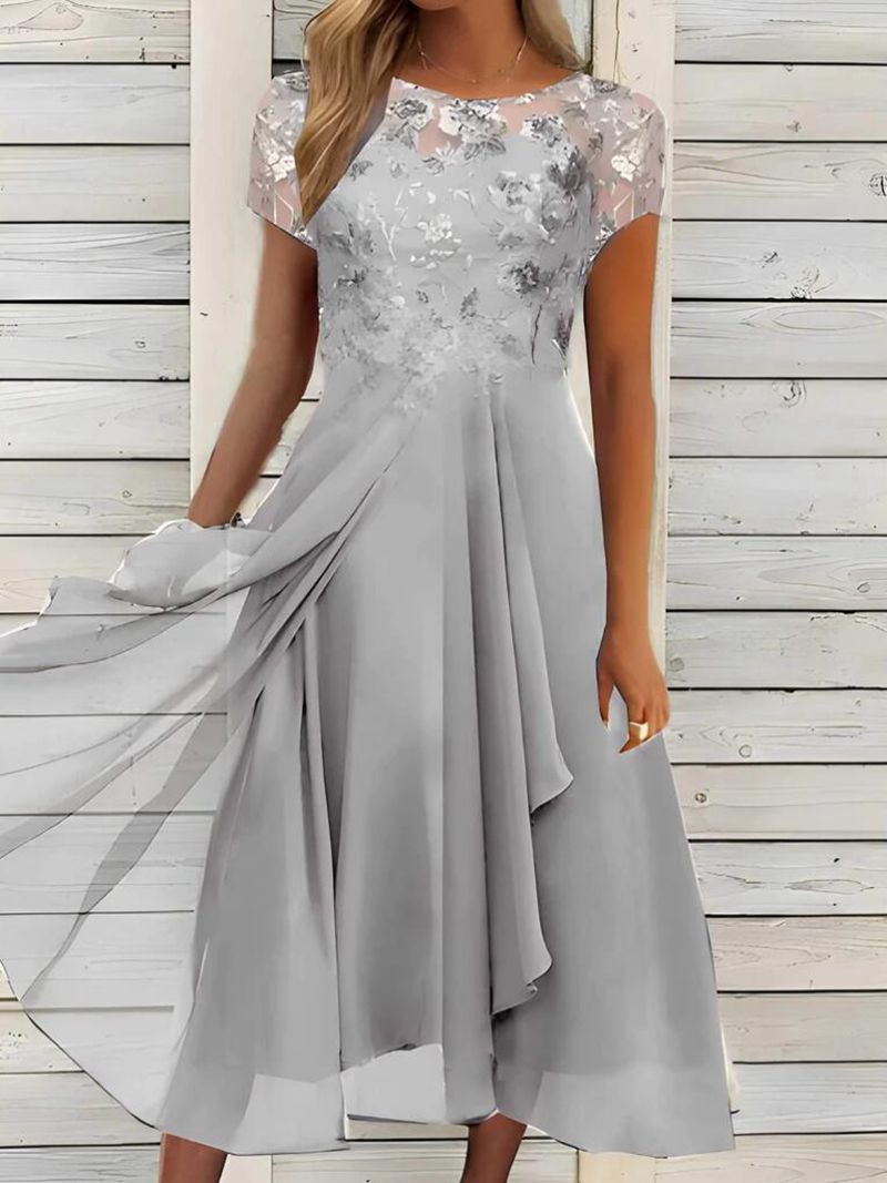 Chiffon Maxi Dress with Sequin Print Round Neckline Elegant Evening Wear Available in Multiple Colors and Sizes