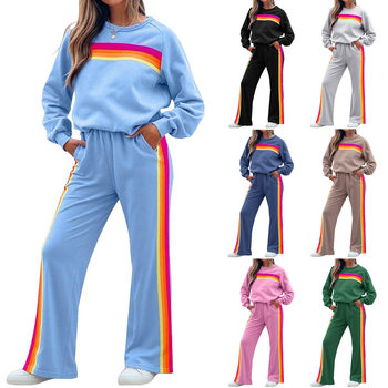 European and American Hot-Selling Popular Velvet Thickeneded Rainbow Sweatshirt Suit for Women 2025 Winter Long-Sleeved Pants Two-Piece Set Cross-Border