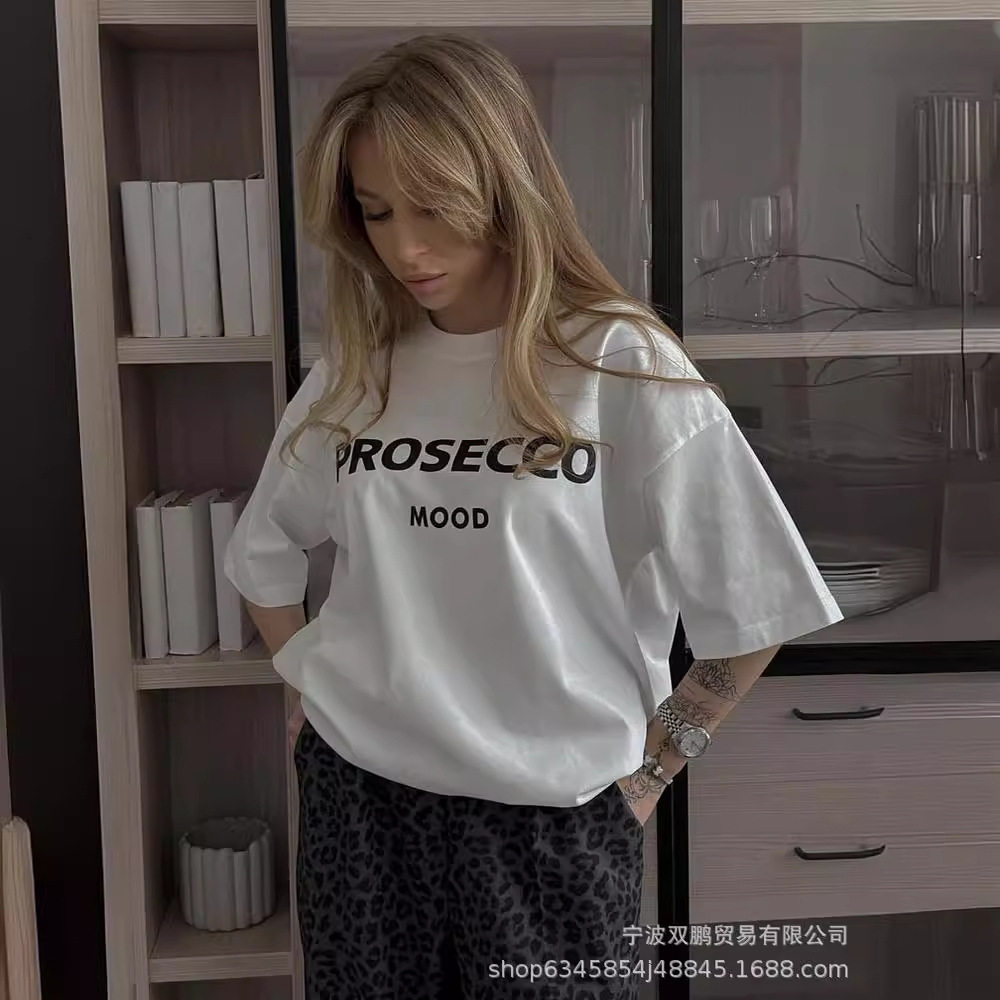 Womens Loose Fit Cotton T Shirt American Letter Print Round Neck Short Sleeve Casual Everyday Wear Wholesale