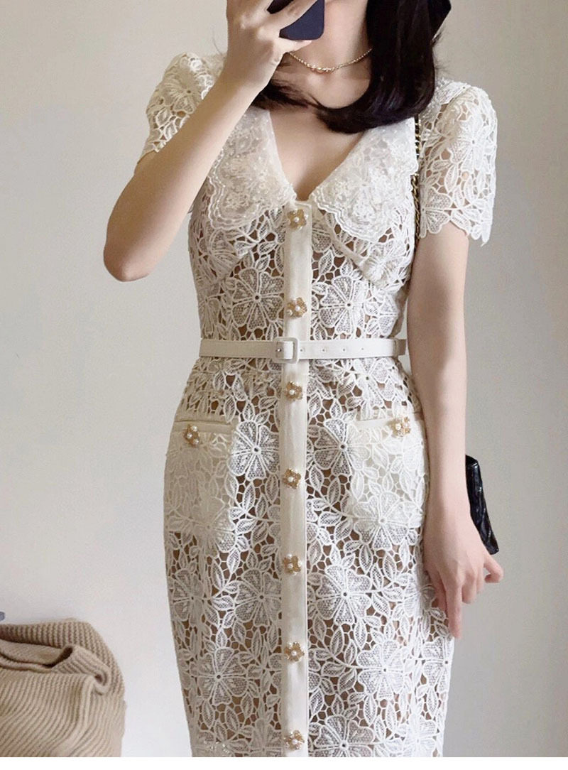 Đầm maxi nữ ren thêu hoa cổ chữ V tay ngắn thắt eo — Xăng-đan chi tiết 2