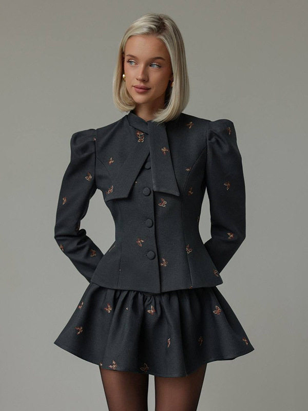 European and American Cross-Border 2025 Summer and Autumn Style Suit Embroidered Waist Long-Sleeved Jacket Short Skirt Suit Two-Piece Set