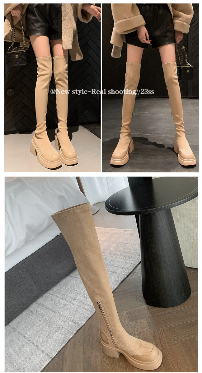 Boot nữ cổ cao quá gối gót vuông 7.5cm phối da bò và vải co giãn — Lót nhung ống lớn màu nâu, Lót nhung ống nhỏ màu nâu, Màu đen ống lớn lót nhung bên trong, Màu đen ống nhỏ lót nhung bên trong