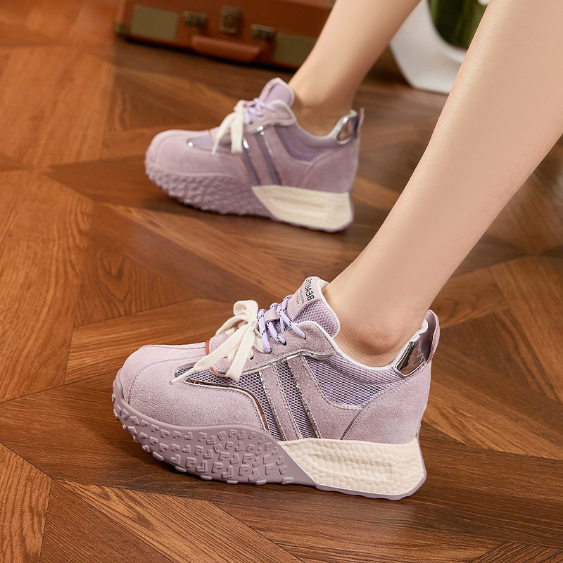 Giày sneaker nữ đế dày chunky da microfibre phong cách đơn giản, gót siêu cao 8cm — Len thuần, Vàng, Tím