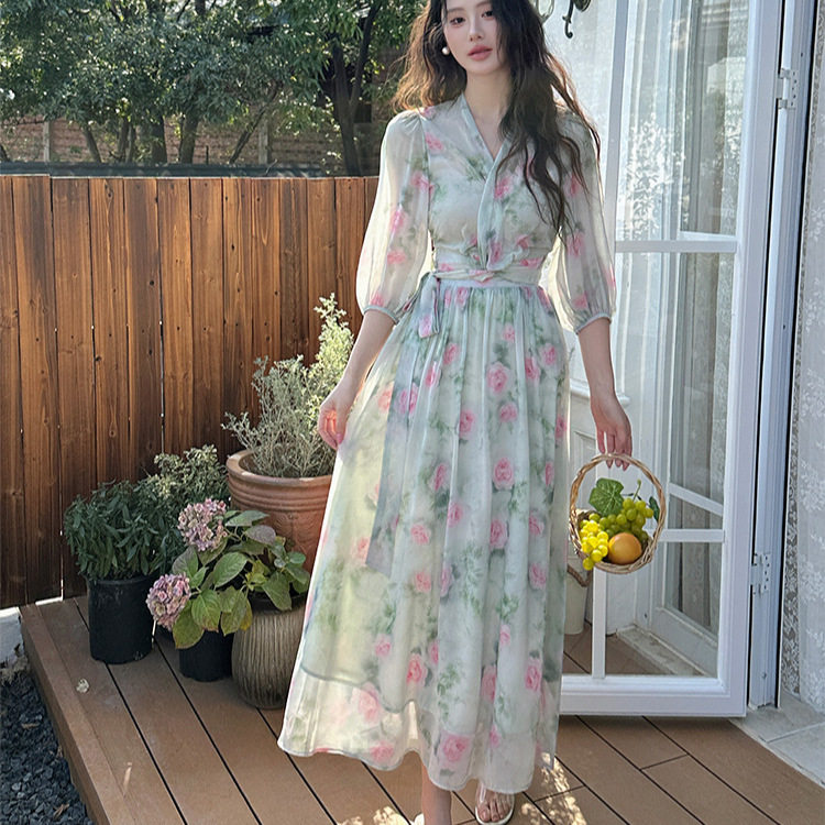 High Quality Summer Vacation Dress Floral Chiffon Sexy V Neck Cross Tie Design Perfect for Beach or Party Wholesale