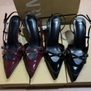 ZA New 2024 Summer Foreign Trade Fashion Cross Buckle with Pointed Heeled Sandals British Style Mueller Women's Shoes
