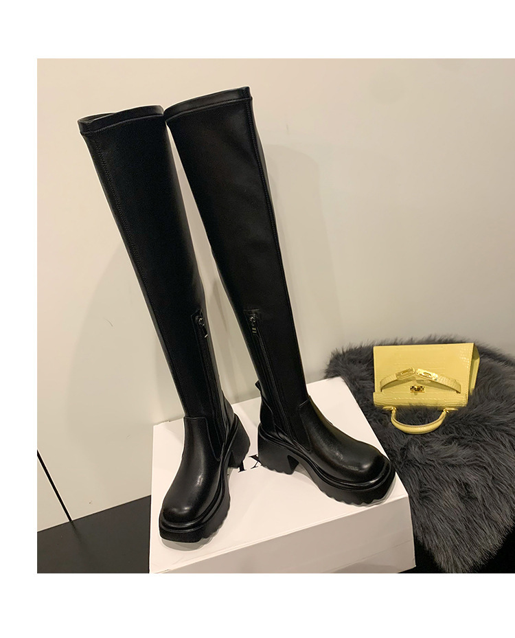 Boot nữ qua gối da bóng gót vuông 8cm cổ co giãn — Bọc ống to da bò, Chu vi ống lớn bằng da sáng chế, Ống tiêu chuẩn da bò, Ống tiêu chuẩn da sơn