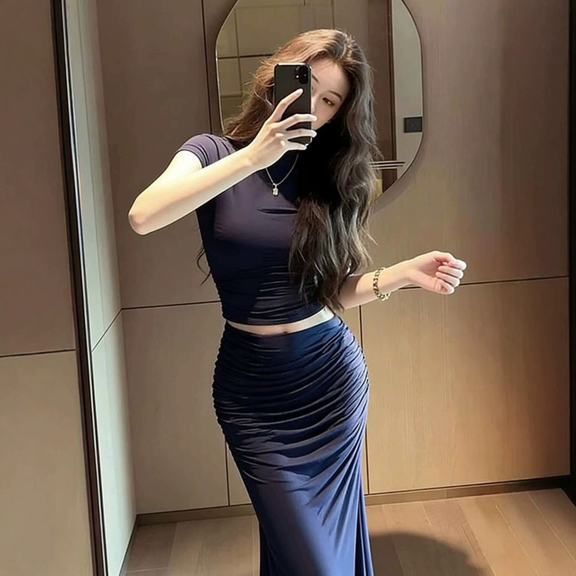 夏季清冷富家千金气质女神范高级感重要场合超好看蓝色连衣裙套装