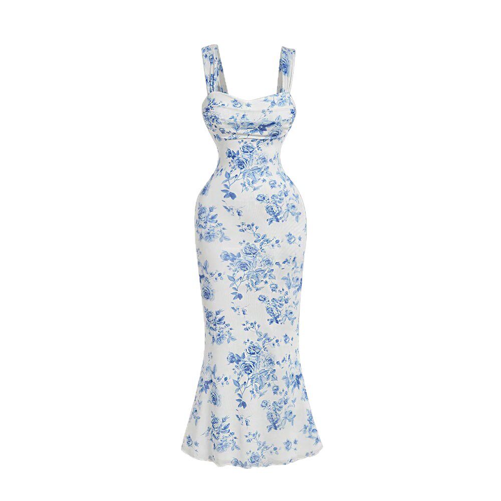 Summer Womens Bodycon Dress Blue and White Porcelain Print Backless Strapless Mermaid Hem Perfect for Parties