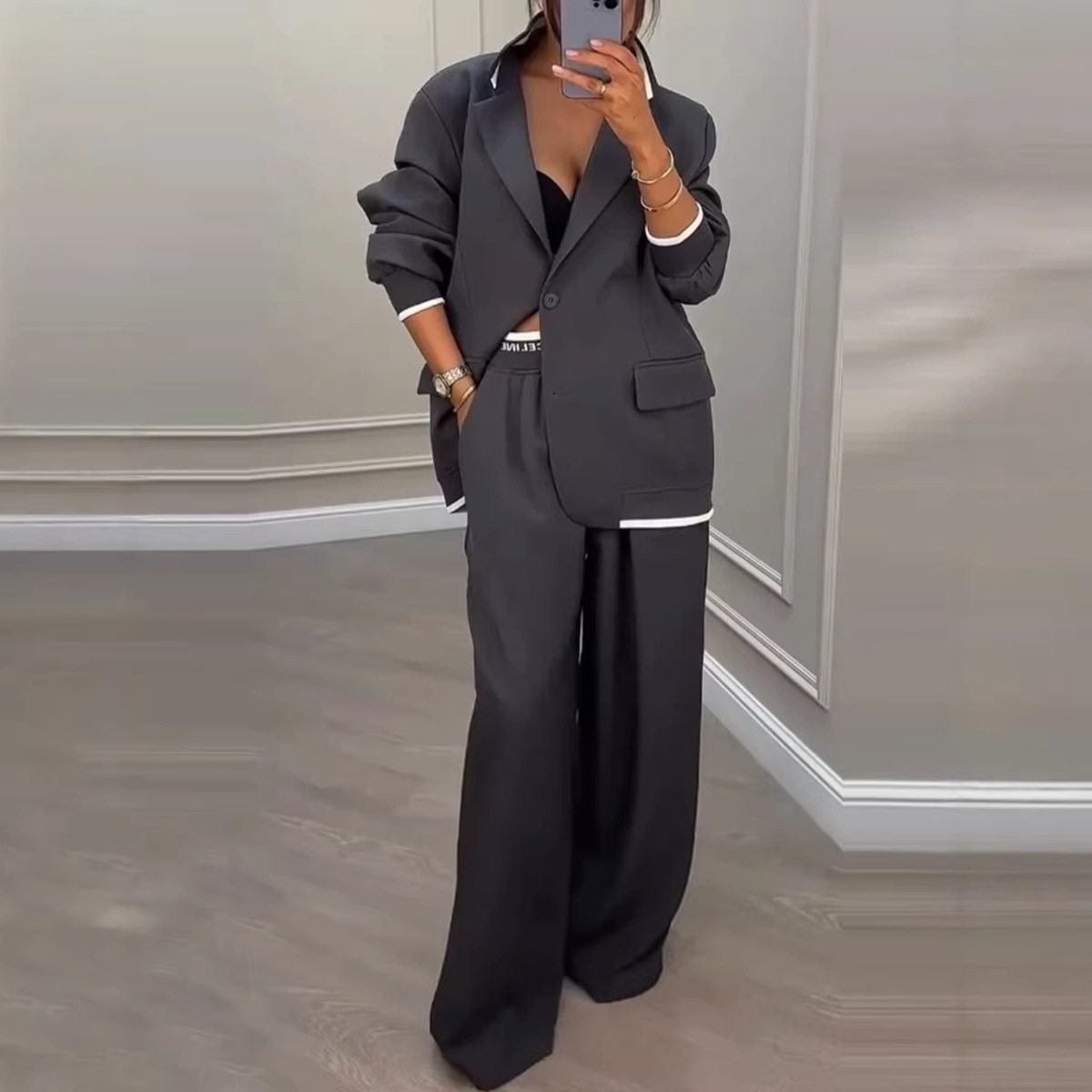 Womens Suit Set Elegant Long Sleeve Jacket Relaxed Wide Leg Pants Fall Winter Fashion Wholesale Available