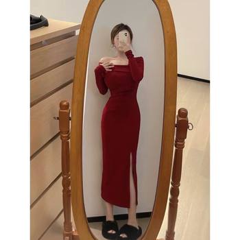 Red Open Shoulder Split dress Women's Spring and Autumn New High-end Temperament Tight Waist Slimming Slim-fit Mid-length Skirt
