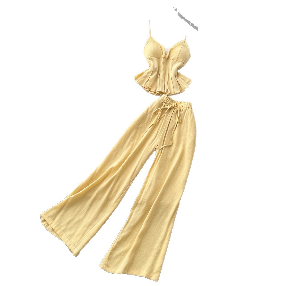 Lace Camisole and Wide Leg Pants Set Lightweight Slim Fit Elegant Design Summer Casual Wear Wholesale Available