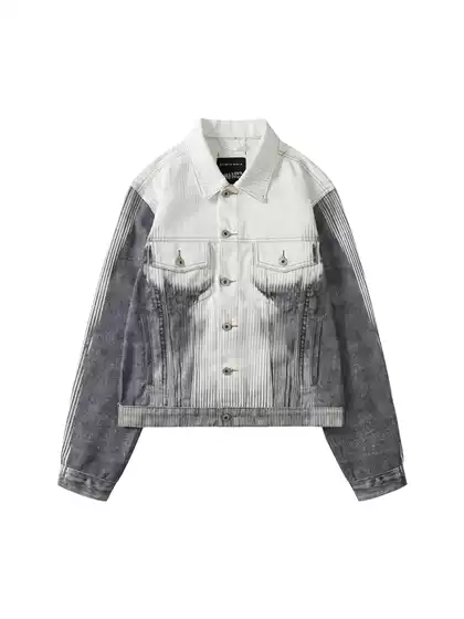 Special Offer! Niche Striped Gradient Abs Digital Print Short Denim Jacket for Men and Women Autumn Trendy Brand Workwear Coat