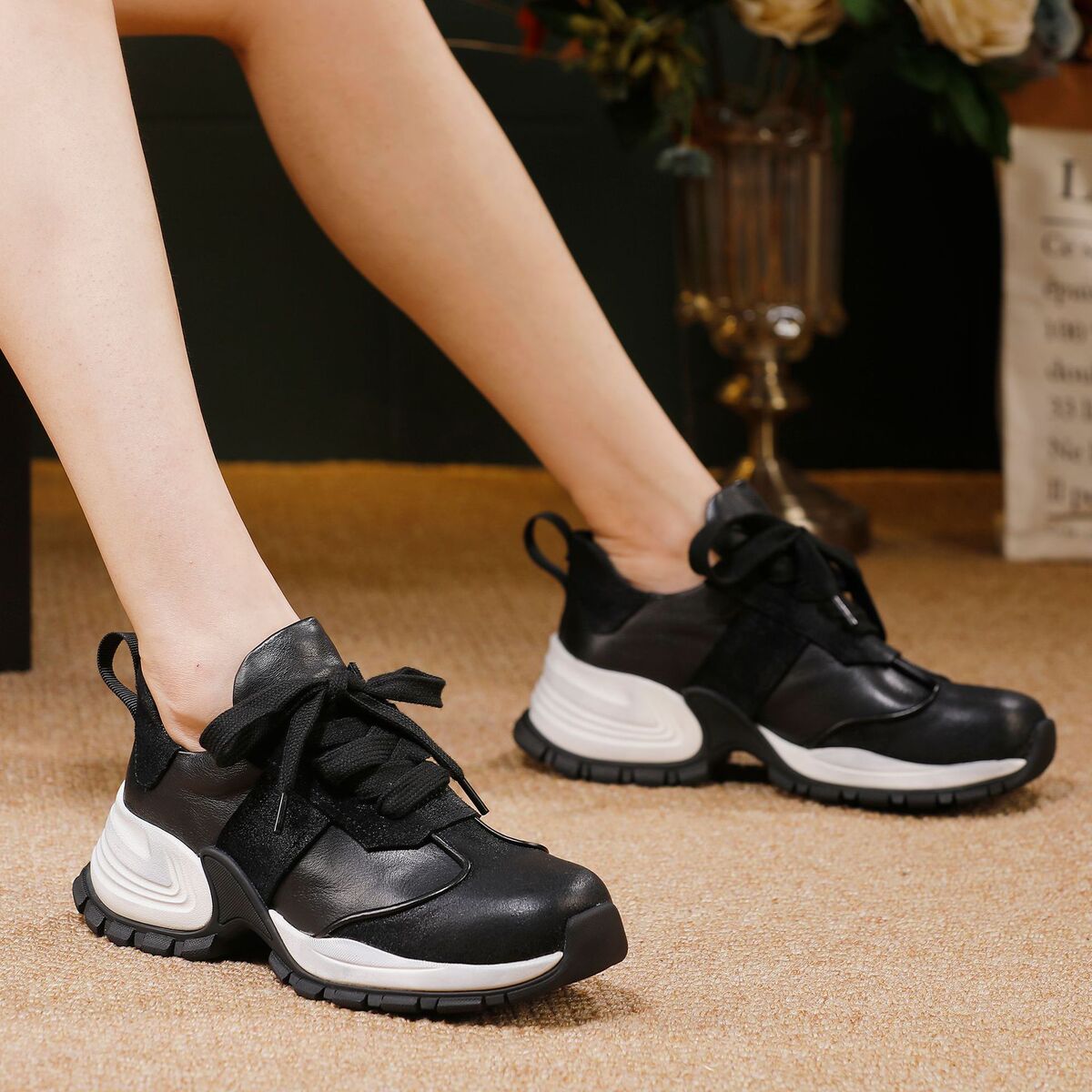 Giày sneaker nữ da bò thật phong cách thể thao cổ điển — nâu