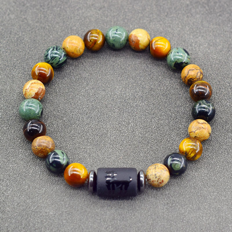 Cross-Border Amazon Zodiac Natural Stone Beaded Bracelet Twelve Zodiac Signs Tiger Eye Stone Picture Stone Bracelet Wholesale