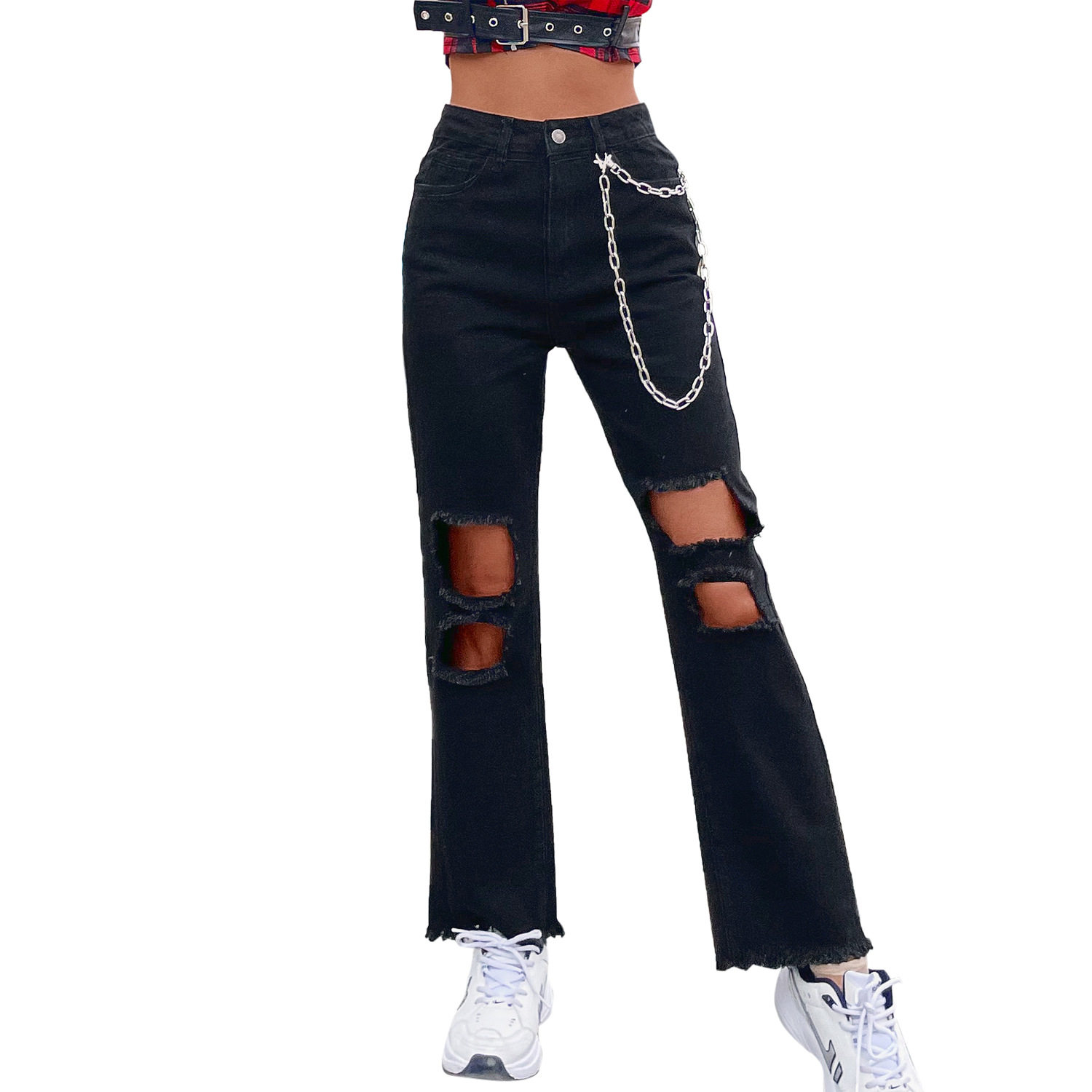 Womens Casual Ripped Denim Pants Trendy Chain Detail Stylish Fit Comfortable Fabric Perfect for Everyday Wear