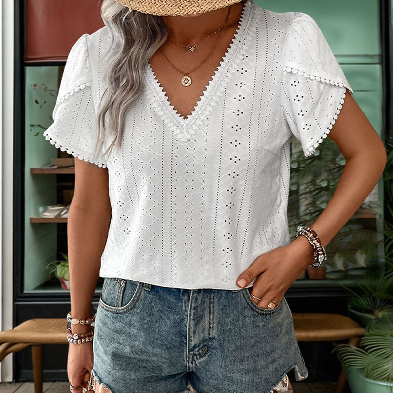 Casual Lace Trim V Neck Blouse Elegant Hollow Out Design Stylish Everyday Wear Wholesale Available