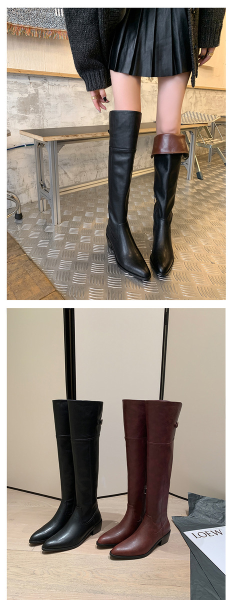 Boot nữ cổ cao quá gối da bò gót thô 5cm mũi nhọn phong cách tối giản — Lớp lót đơn màu đen, Lớp lót đơn màu đỏ neo, Lớp lót nhung đen, Mỏ neo nhung đỏ