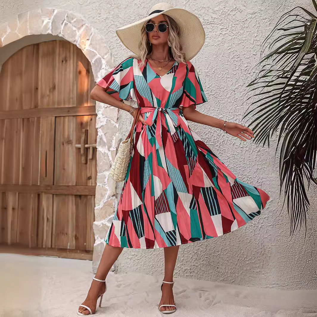Floral Print Maxi Dress Short Sleeve Tie Detail Elegant Design Perfect for Summer Events Wholesale Available