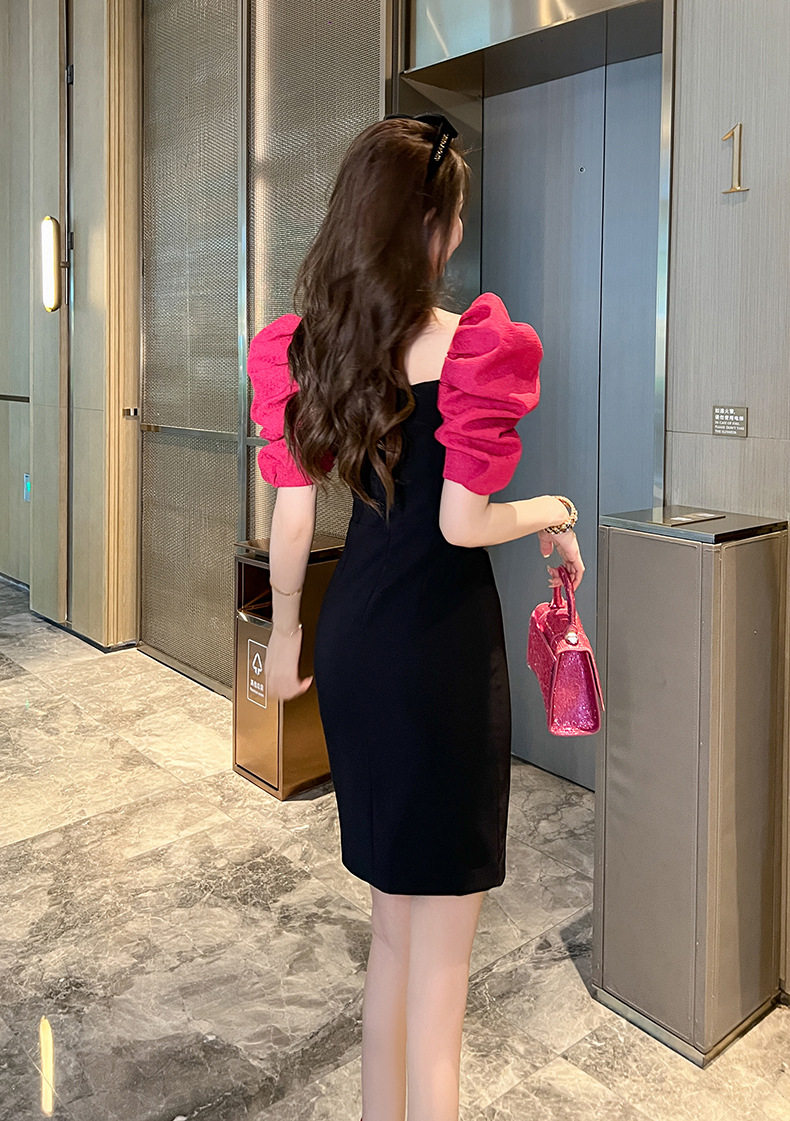 Đầm suông nữ midi cổ vuông tay bồng — [Màu thanh long] chi tiết 18