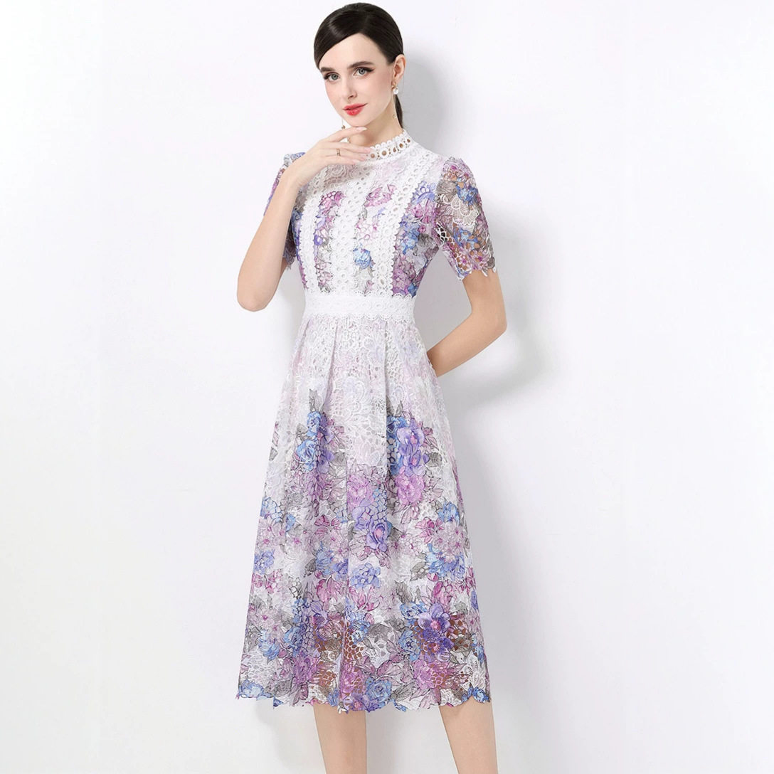 French Vintage Elegant Lace Dress Intricate Hollow Design Waist Defining Flattering Fit Perfect for Formal Occasions