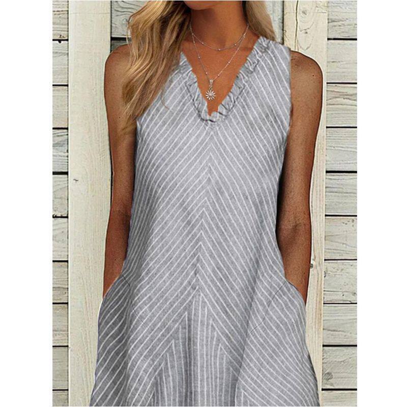 Summer Floral Striped Maxi Dress Pocket Design V Neck Sleeveless Pleated Style Perfect for Casual Outings