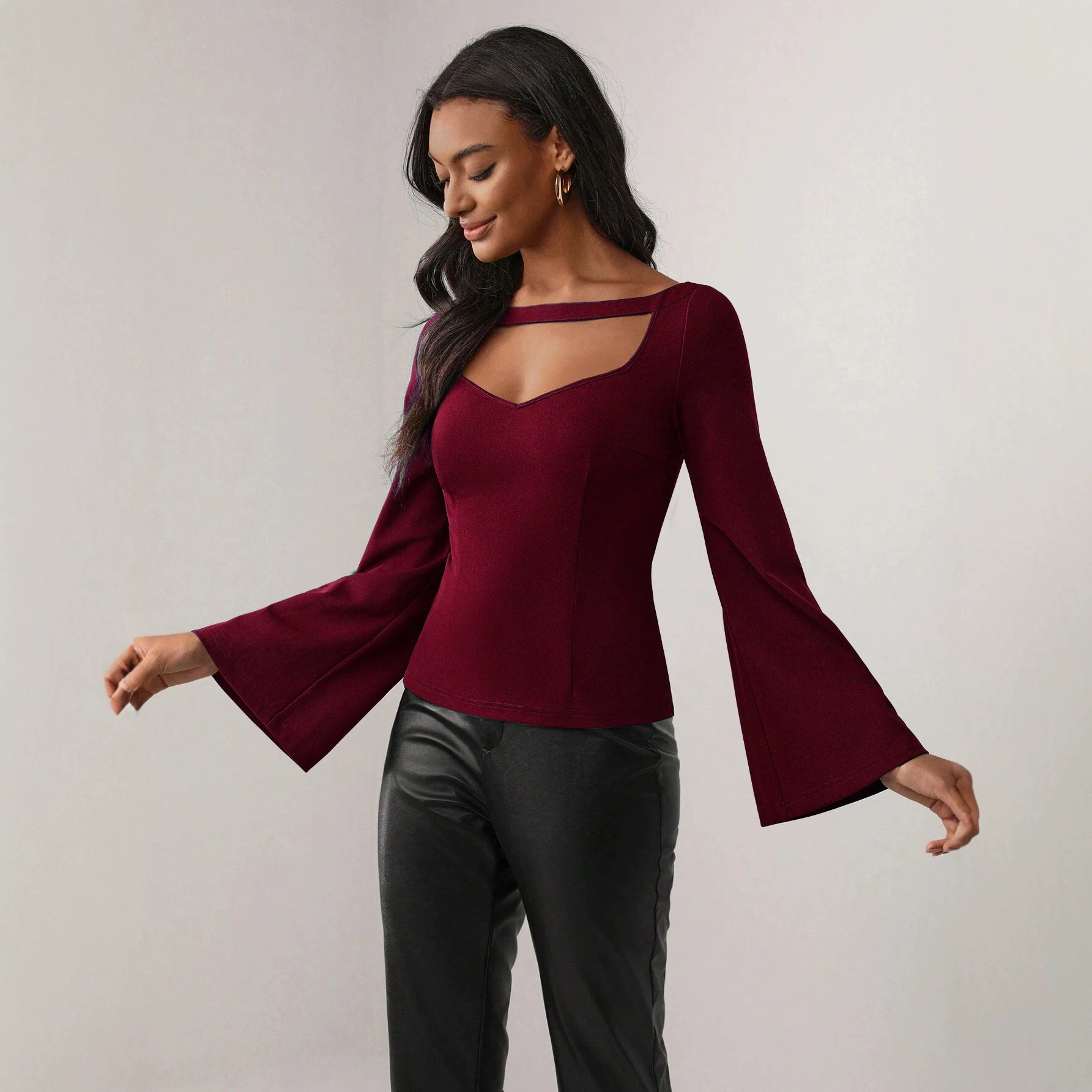 Bell Sleeve Top Hollow Design Slim Fit Elegant Style Perfect for Office Wear Wholesale Available