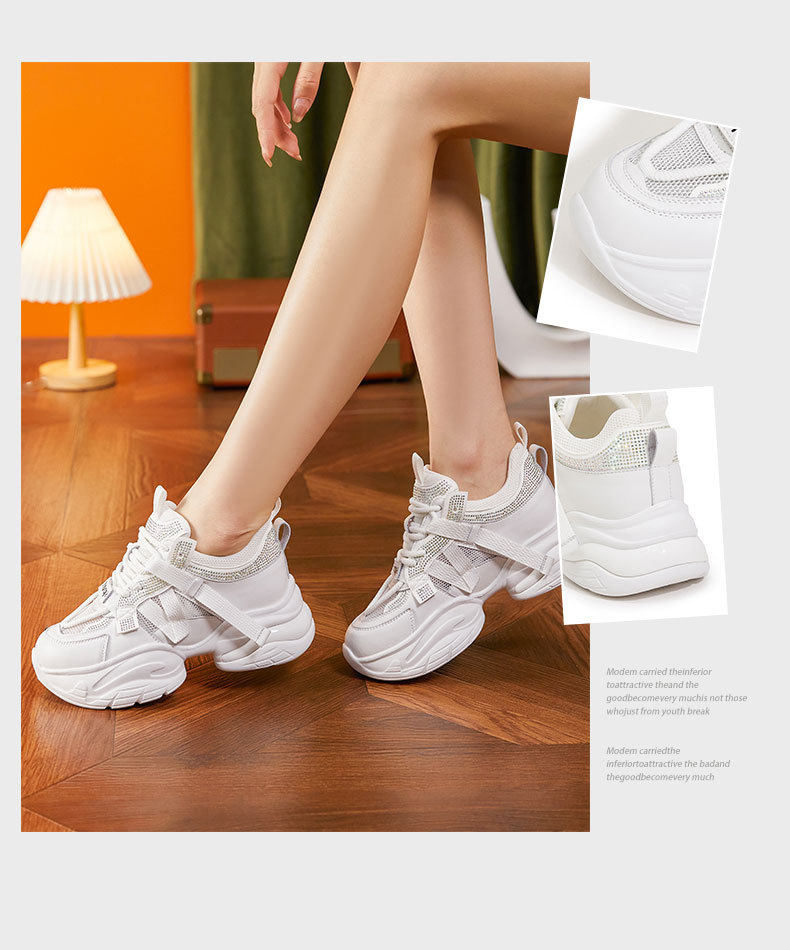 Giày sneaker nữ chunky đế dày rhinestone lưới thoáng khí — Trắng, Bột trắng chi tiết 3