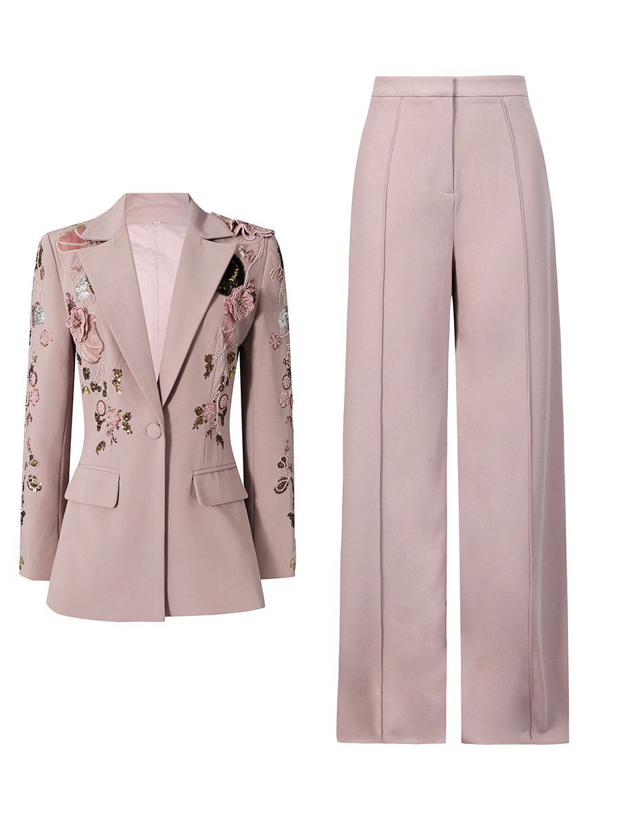French-Style Elegant Beaded Floral Long-Sleeve Blazer Set 2026 Spring New High-End Waist-Cinching Wide-Leg Two-Piece Suit for Women